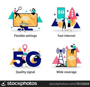 Set of four 5g internet compositions with editable text and flat images with electronics and people vector illustration. Fast 5G Internet Set