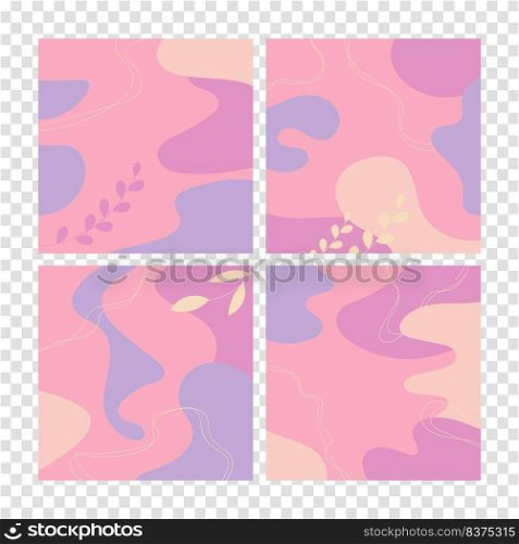 Set of four abstract backgrounds. Hand drawn various shapes and doodle objects. Contemporary modern trendy vector illustrations. Every background is isolated. Pastel colors