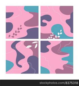 Set of four abstract backgrounds. Hand drawn various shapes and doodle objects. Contemporary modern trendy vector illustrations. Every background is isolated. Pastel colors