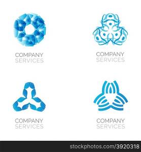 Set of four abstract blue logos. Vector logotypes with spiral, rhombus, crossed and circle elements