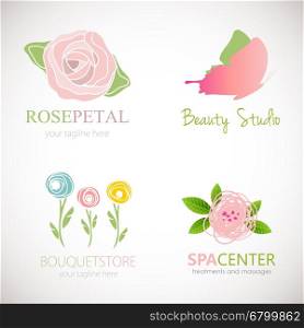 Set of four abstract floral designs Logo sdesign for flower shop, beauty salon, massage clinic or yoga center