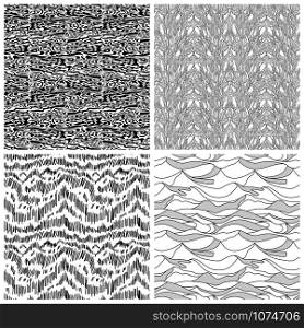 Set of four abstract seamless patterns with black chaotic shapes and randomly lines on the white background, hand drawing illustration