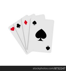 Set of four aces playing cards isolated on white background. Four fan shaped aces playing cards. Vector stock