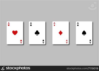 Set of four aces playing cards suits with realistic shadows on transparent background. Winning poker hand. Isolated path. EPS 10. Set of four aces playing cards suits with realistic shadows on transparent background. Winning poker hand. Isolated path.