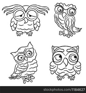 Set of four amusing cartoon owls black outlines isolated on the white background, hand drawing illustration