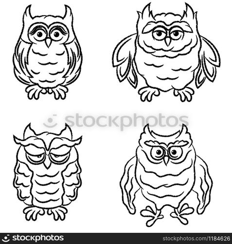 Set of four amusing cartoon owls outlines isolated on the white background, hand drawing illustration