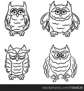 Set of four amusing cartoon owls outlines isolated on the white background, hand drawing illustration