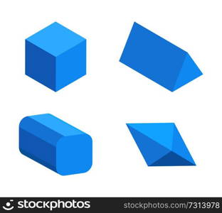 Set of four blue geometric figures, vector cube and triangular prism, illustration of octahedron and cuboid with smooth ribs, geometric objects set. Set of Four Blue Geometric Figures, Color Banner