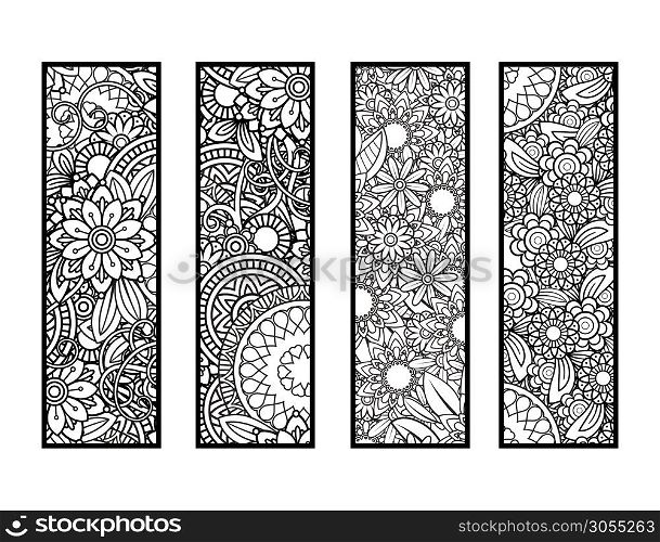 Set of four bookmarks in black and white. Doodles flowers and ornaments for adult coloring book. Vector illustration.. Coloring bookmarks set