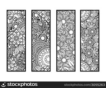 Set of four bookmarks in black and white. Doodles flowers and ornaments for adult coloring book. Vector illustration.. Coloring bookmarks set