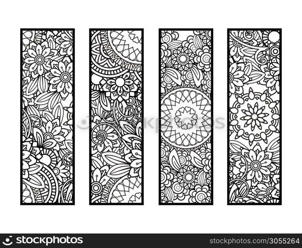 Set of four bookmarks in black and white. Doodles flowers and ornaments for adult coloring book. Vector illustration.. Coloring bookmarks set