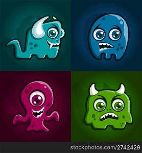 Set of four cartoon monster characters creatures