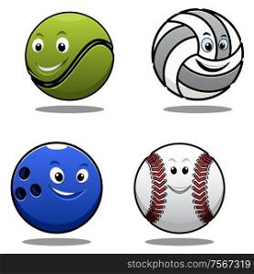 Set of four cartoon sports balls including a tennis ball, volley ball, cricket ball and bowls with smiling happy faces