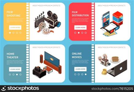 Set of four cinema isometric horizontal banners with compositions of images and clickable learn more buttons vector illustration
