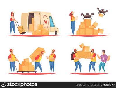 Set of four delivery compositions with characters of shipping employees in uniform logistics vans with drones vector illustration