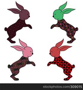 Set of four Easter rabbits decorated with ornamental pattern isolated on the white background, vector illustration
