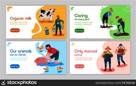 Set of four eco farming horizontal banners with doodle images characters and editable text with buttons vector illustration