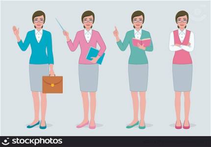 Set of four female teachers character in different poses.