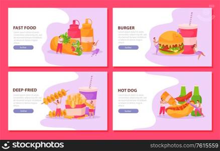 Set of four flat horizontal banners with fast food drinks and human characters isolated on pink background vector illustration