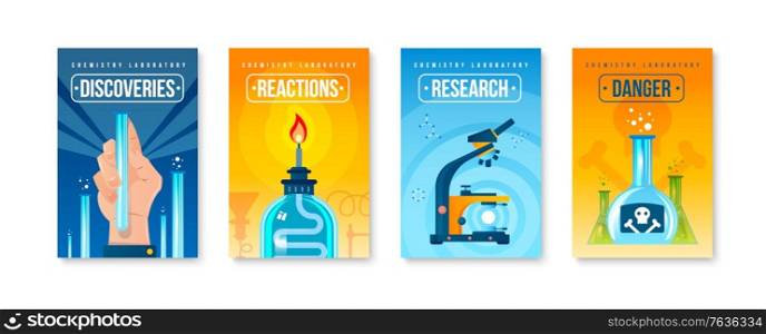 Set of four flat vertical posters with laboratory equipment for research and dangerous chemicals isolated vector illustration