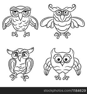 Set of four funny and amusing owls black outlines isolated on the white background, hand drawing illustration