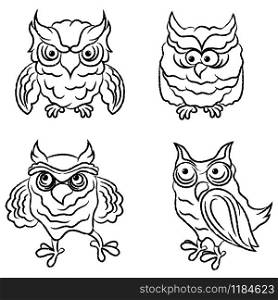Set of four funny and amusing owls outlines isolated on the white background, hand drawing illustration