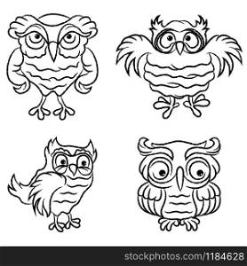 Set of four funny cartoon owls black outlines isolated on the white background, hand drawing illustration