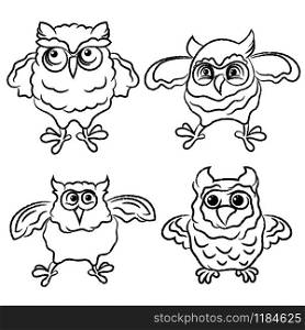 Set of four funny cartoon owls outlines isolated on the white background, hand drawing illustration