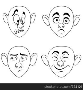 Set of four funny male grimaces, sketching cartoon vector outlines isolated on the white background