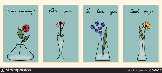 Set of four hand drawn mini postcards, vases with flowers design template. Spring blooming flowers in vases and bottles. Cartoon flat vector illustration.. Set of four hand drawn mini postcards, vases with flowers design template. Cartoon flat vector illustration.