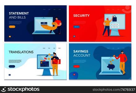 Set of four horizontal banners with various online banking operations on colorful background isolated vector illustration