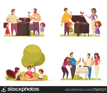 Set of four isolated bbq compositions with flat characters of kids groups families adults and friends vector illustration