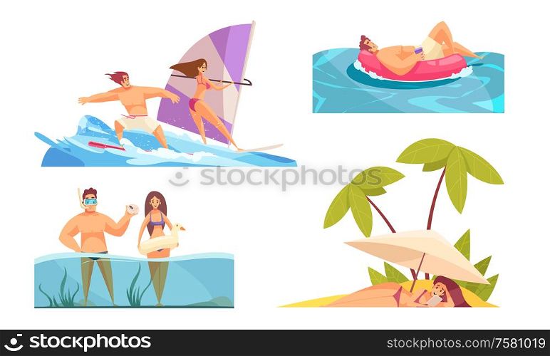 Set of four isolated beach compositions with flat people characters palm trees and sea ocean water vector illustration