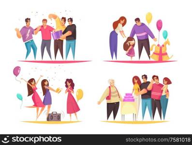 Set of four isolated gift present compositions with flat characters of people having joy and fun vector illustration