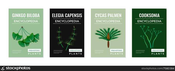 Set of four isolated vertical posters with colourful encyclopedia images of prehistoric plants and editable text vector illustration