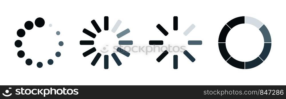 Set of four Loading icons in line on blank background.. Set of four Loading icons in line on blank background