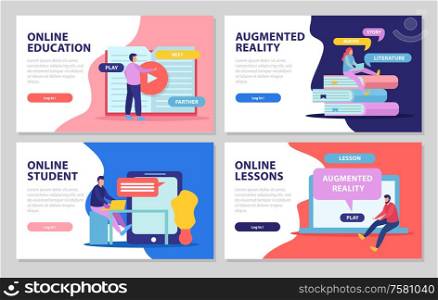 Set of four online education flat banners 4x1 with editable text clickable buttons and doodle images vector illustration