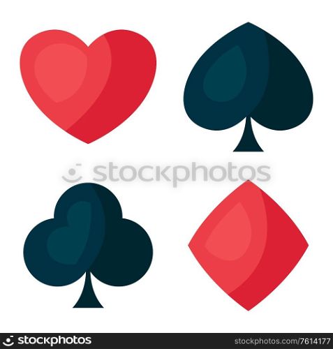 Set of four playing cards symbols. On-board game or gambling for casino.. Set of four playing cards symbols.
