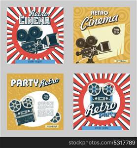 Set of four posters. Vector illustration. Retro cinema. Retro party. Depicts a vintage film camera and reel to reel tape recorder.