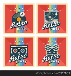 Set of four posters. Vector illustration. Retro party. Depicts a reel to reel tape, vinyl record, tape cassette, turntable for vinyl records.