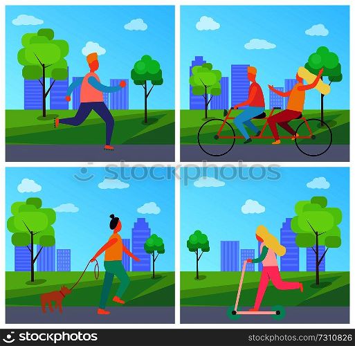 Set of four posters with people in city park. Vector illustration contains man on roller skates, couple riding bicycle, woman with dog and girl on kick scooter. Set of Posters with People in Summertime Park
