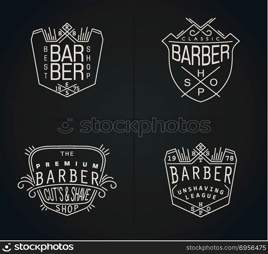 Set of four retro emblems for Barber Shop. Four vector emblems for Barber Shop in vintage style. Modern linear minimalism. Design for web, Logos, Stamp, Badges, Signboard, t-shirts, uniform and others.