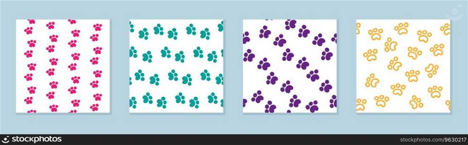 Set of four seamless multicolored cat paw patterns