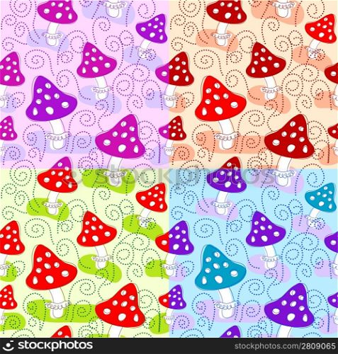 Set of four seamless patterns with mushrooms