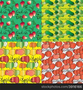 set of four seamless patterns with vegetables and fruits