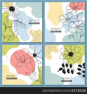 Set of four square abstract botanical cards, vector illustration
