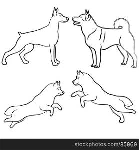 Set of four standing and jumping dogs, vector outlines