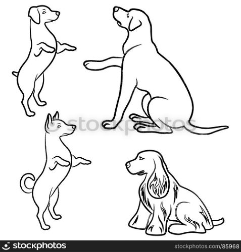 Set of four standing and sitting dogs, vector outlines