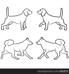 Set of four standing and walking dogs, vector outlines