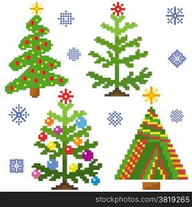Set of four stylish Christmas Trees with chequered mosaic structure and snowflakes on a white background, vector illustration